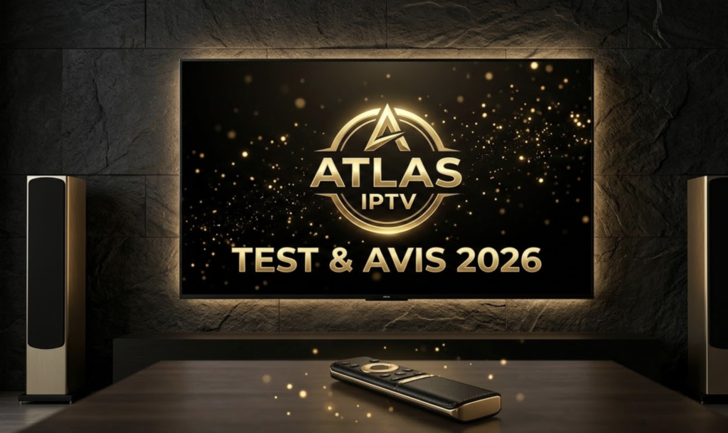 mage vedette d'atlasiptv.site pour le test et avis 2026, montrant le logo doré de Atlas IPTV sur un grand écran de télévision dans une salle de cinéma maison pour la meilleure expérience d'IPTV France