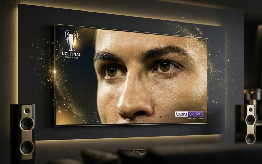 Gros plan d'un joueur de football lors de la finale de la Ligue des champions, diffusé en qualité 4K UHD stable sur Atlas IPTV, l'abonnement leader de l'IPTV France pour le sport